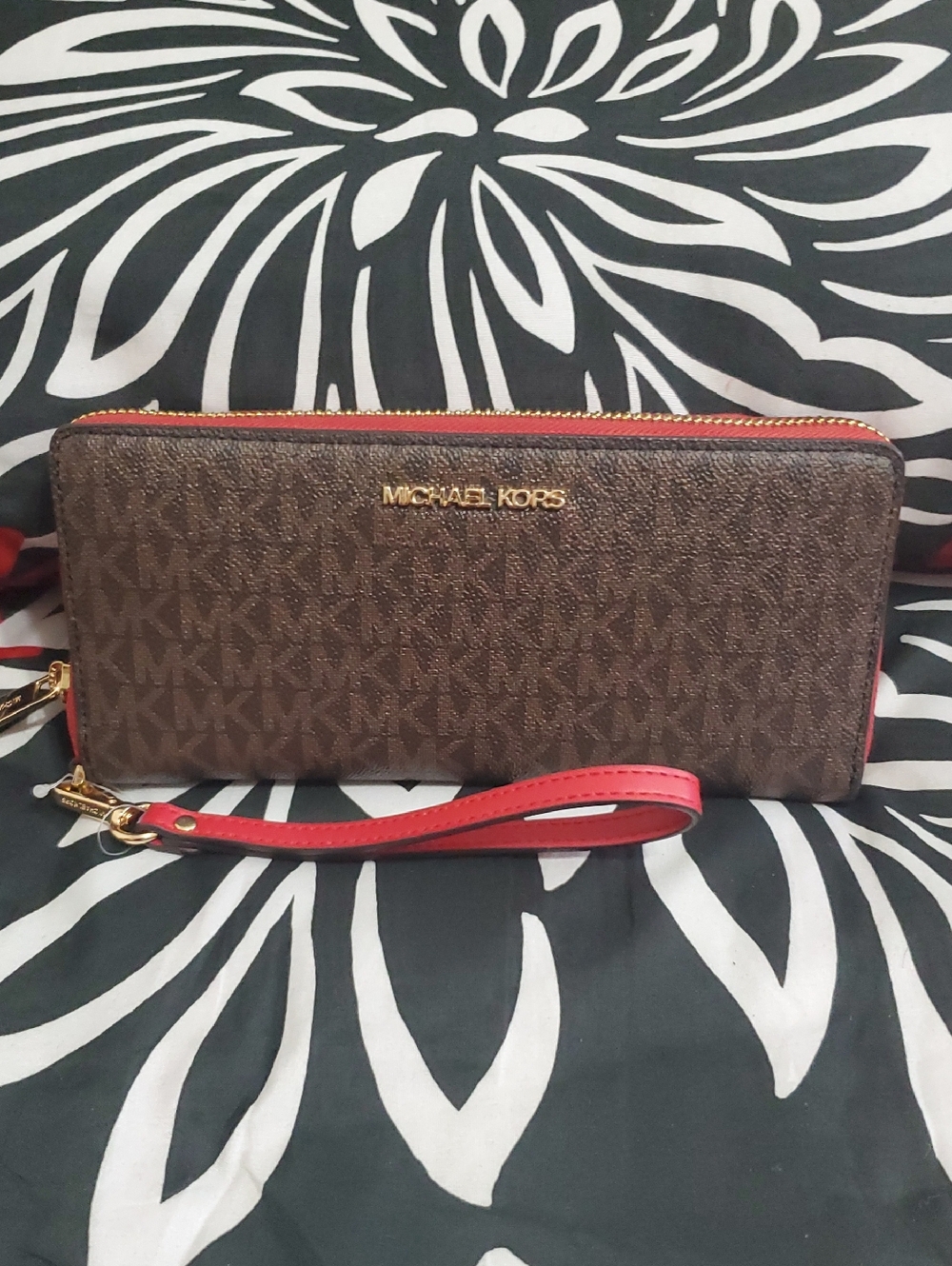 Michael Kors Jet Set Continental Monogram Brown and Flame Red Wallet Wristlet